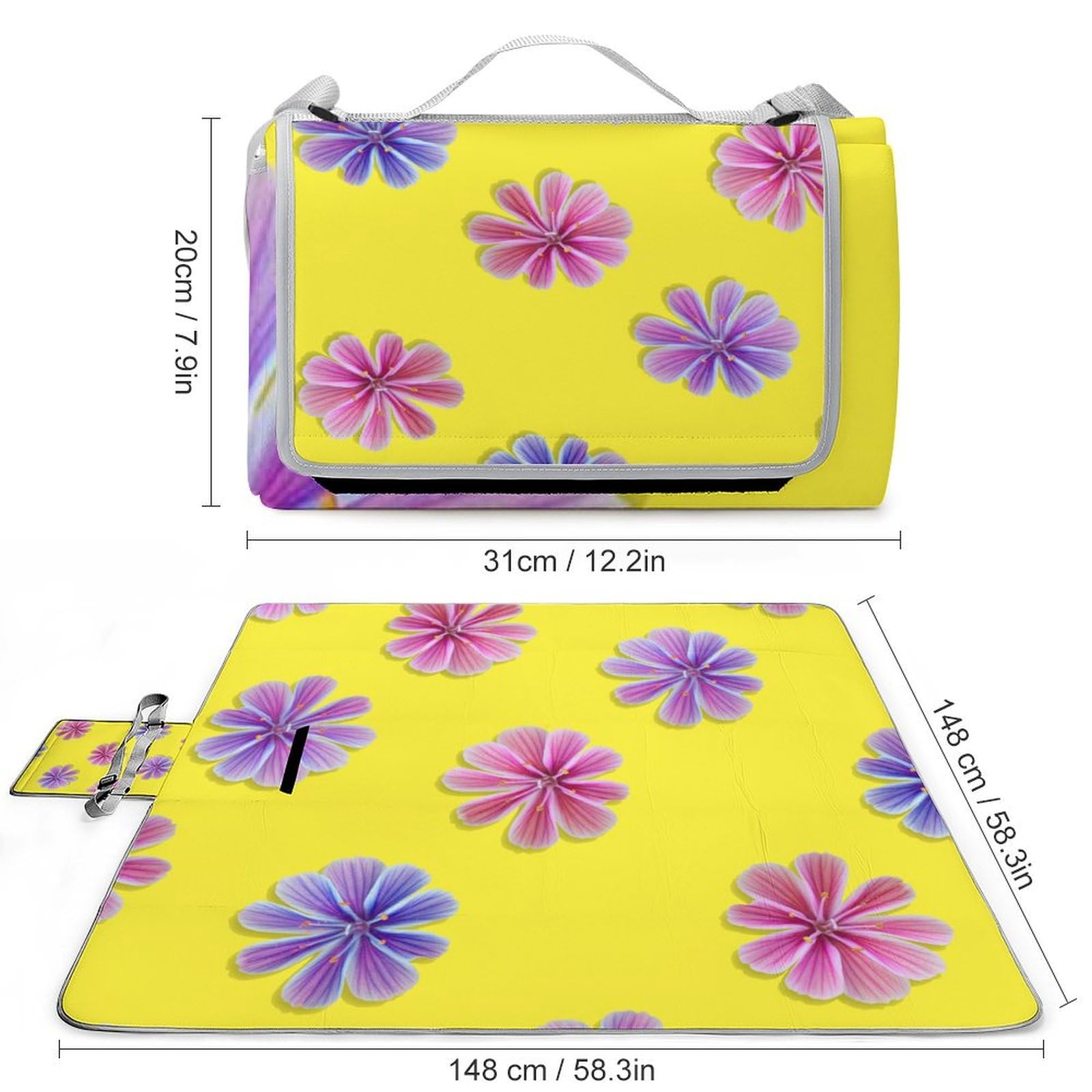 3D Impression Fleurs Couverture Pique Nique Tapis De Plage Anti Sable Nappe Picnic Couverture De Pique-Nique pour Le Voyage, Le Camping, Les Vacances, Etc 148x148cm