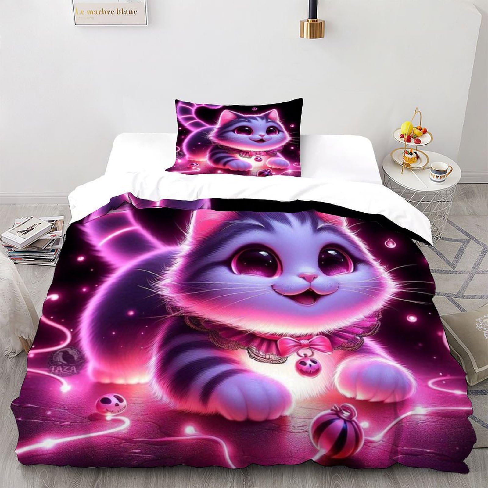 Parure de lit microfibre imprimée avec fermeture éclair invisible ensemble housse et taie chat rose