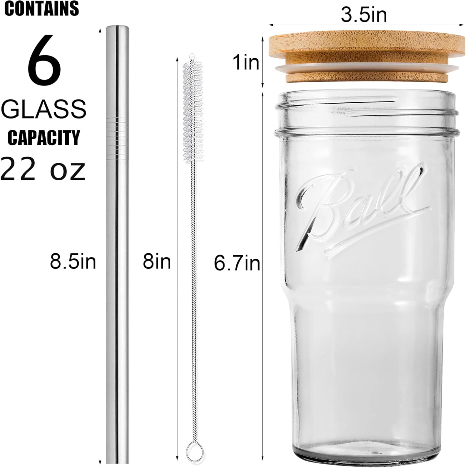 Rantonly 6Pack Glass Coffee Cups with Bamboo Lids and Straws, 22oz Wide Mouth Boba Tea Cup-Reusable Mason Jars Drinking Glasses Tumbler for Juice Beer Smoothie