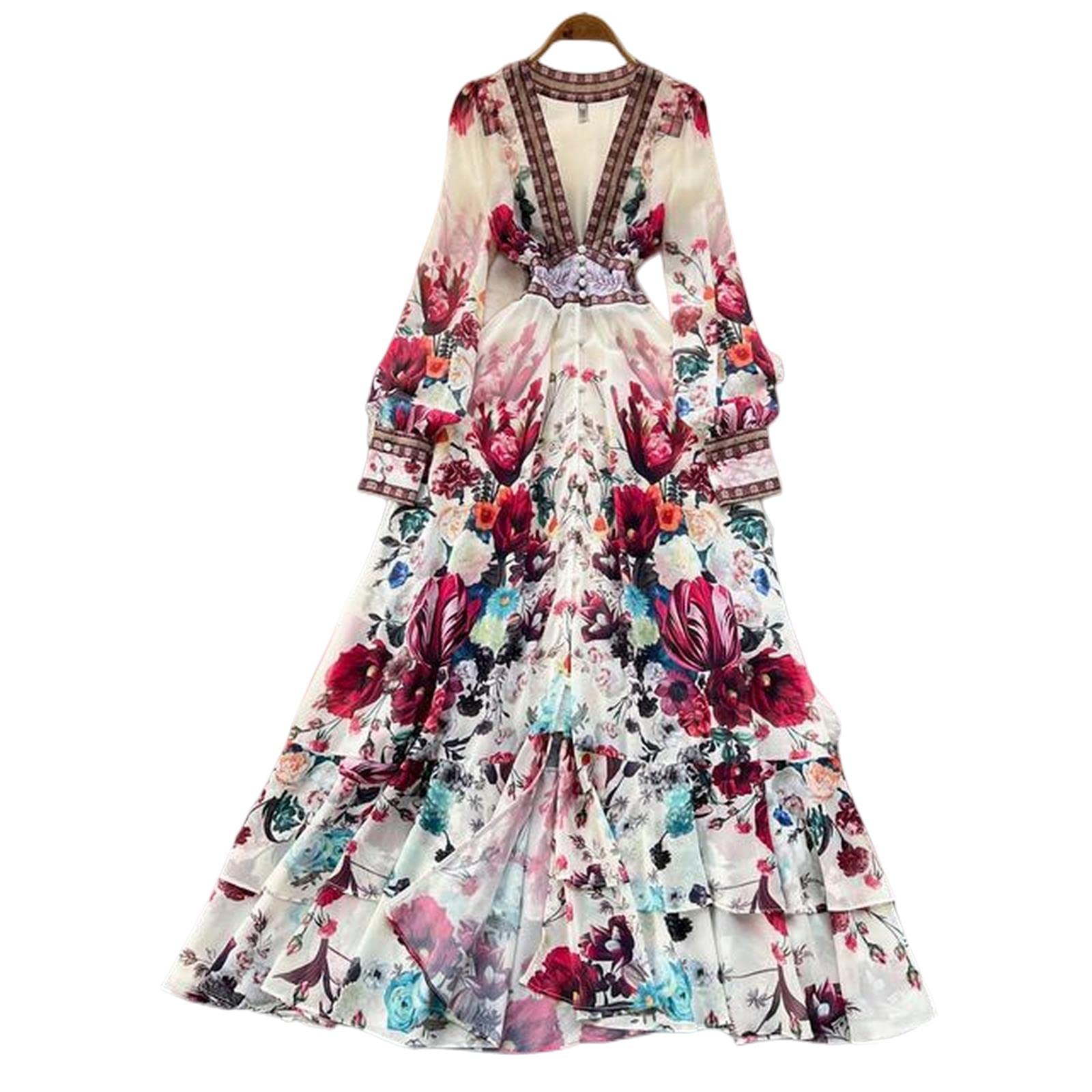 Vestito Donna Elegante Runway Gorgeous Flower Chiffon Cascading Ruffles Dress Women Deep V Neck Long Sleeve Floral Stampa Boho Robe Vestido-Beige,M