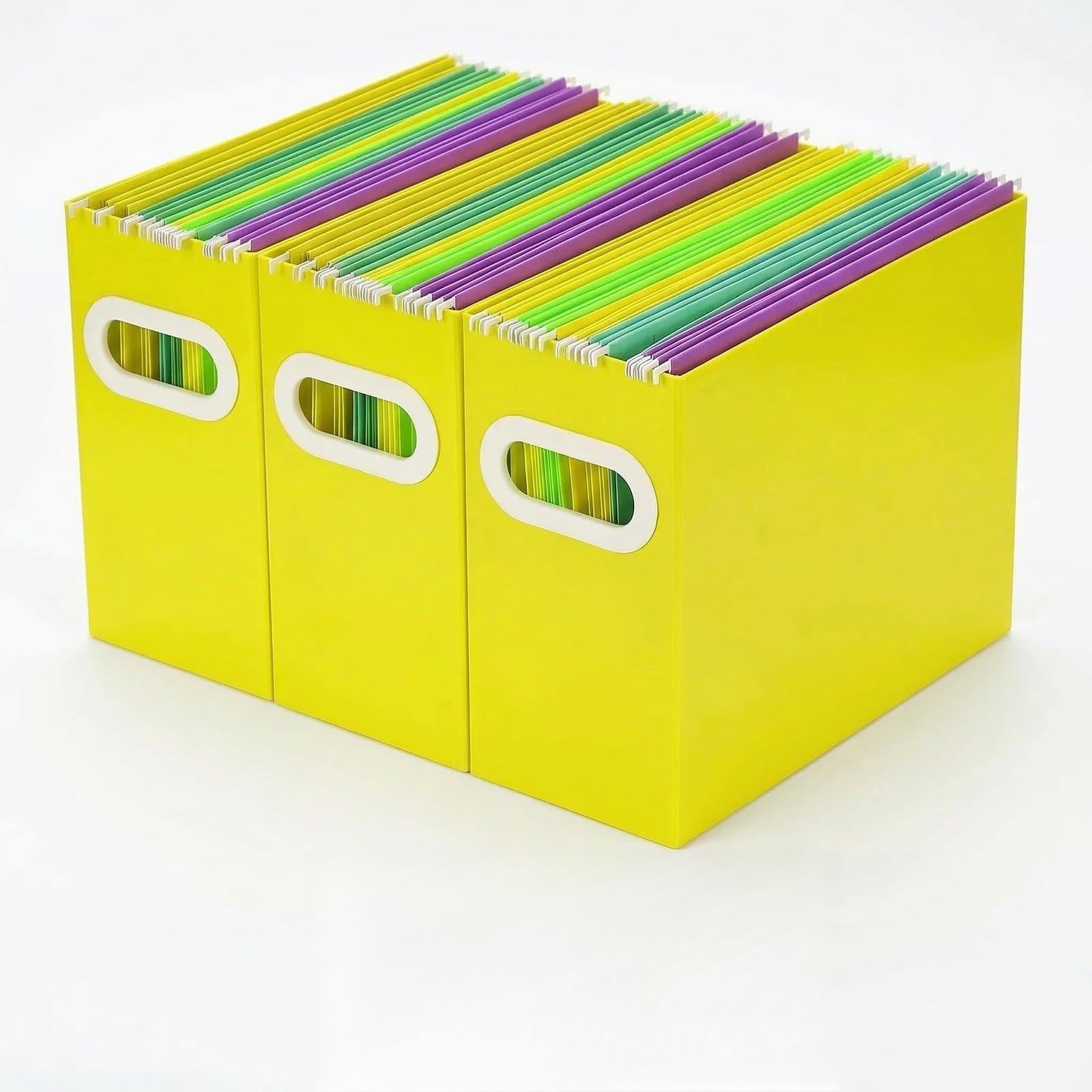 Papertide Hanging File Organizer Box, 3 Pack Yellow Cardboard File Folder Holder for Letter Size, Portable Desk Document Storage with Handles, for Office,Home,School