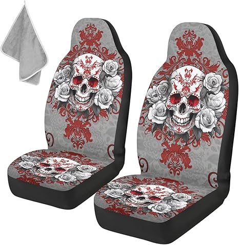 Car Seat Covers for Front Seats, 2 Pack – Sugar Skull Designs,Full Wrap and Easy Installation, Fits Most Car SUV,Halloween Design