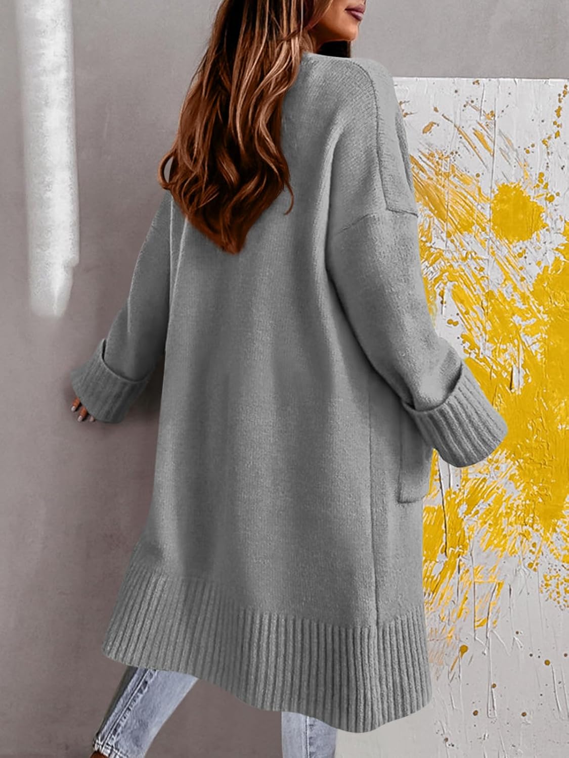 Danedvi Long Cardigan Sweaters for Women 2025 Fall Open Front Knit Oversized Cardigans Duster Coat with Pockets Grey - Image 3
