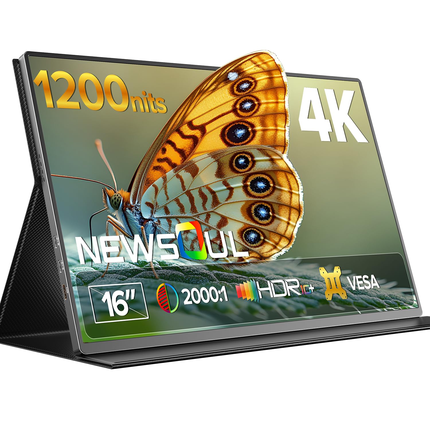 Newsoul 4K Portable Monitor, 3840 * 2400 UHD 16″ Gaming Monitor 1200Nits 1500:1 100% sRGB IPS FreeSync Laptop Monitor with VESA & Cover Built-in USB-C HDMI Portable Screen for Phone Game Console
