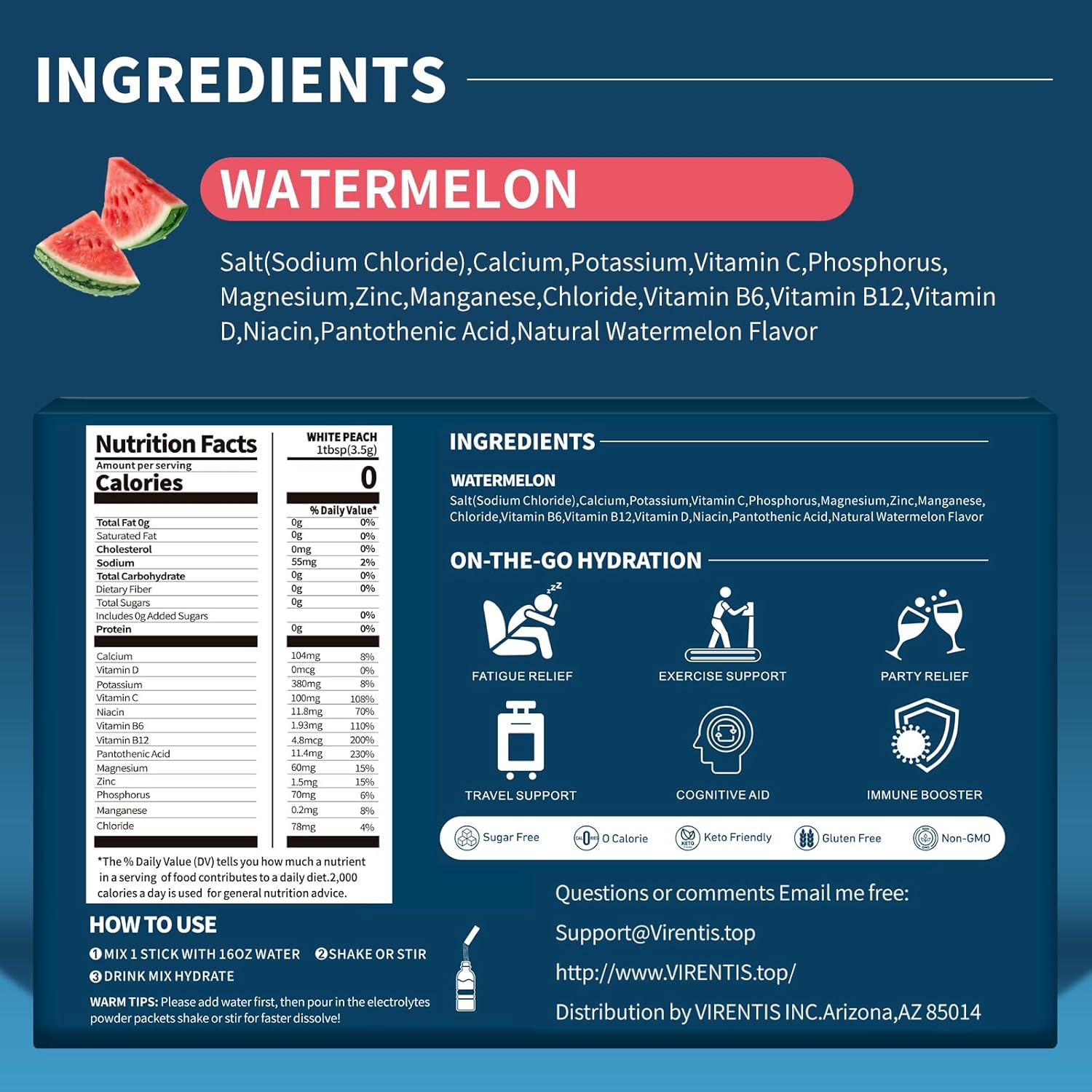 16 Sticks Electrolytes Powder Packets Sugar Free Hydration Packets, Liquid Daily IV Electrolyte Drink Mix for Rehydration with 8 Electrolytes & 6 Vitamins, 0 Calorie, Low Sodium, Watermelon - Image 2