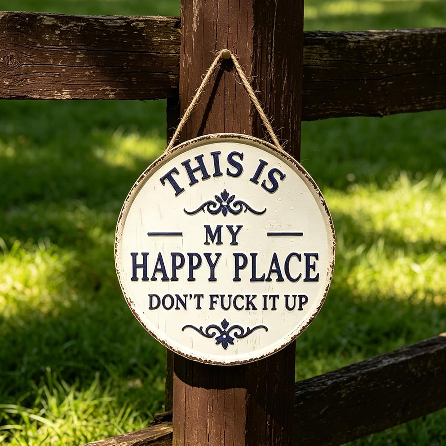 Happy Place – Vintage Statement Metal Sign, "This Is My Happy Place Don't Fuck It Up" Round Garden Wall Decor, Hanging Signs & Plaques, Funny Home Decorative for Front Door(Large)