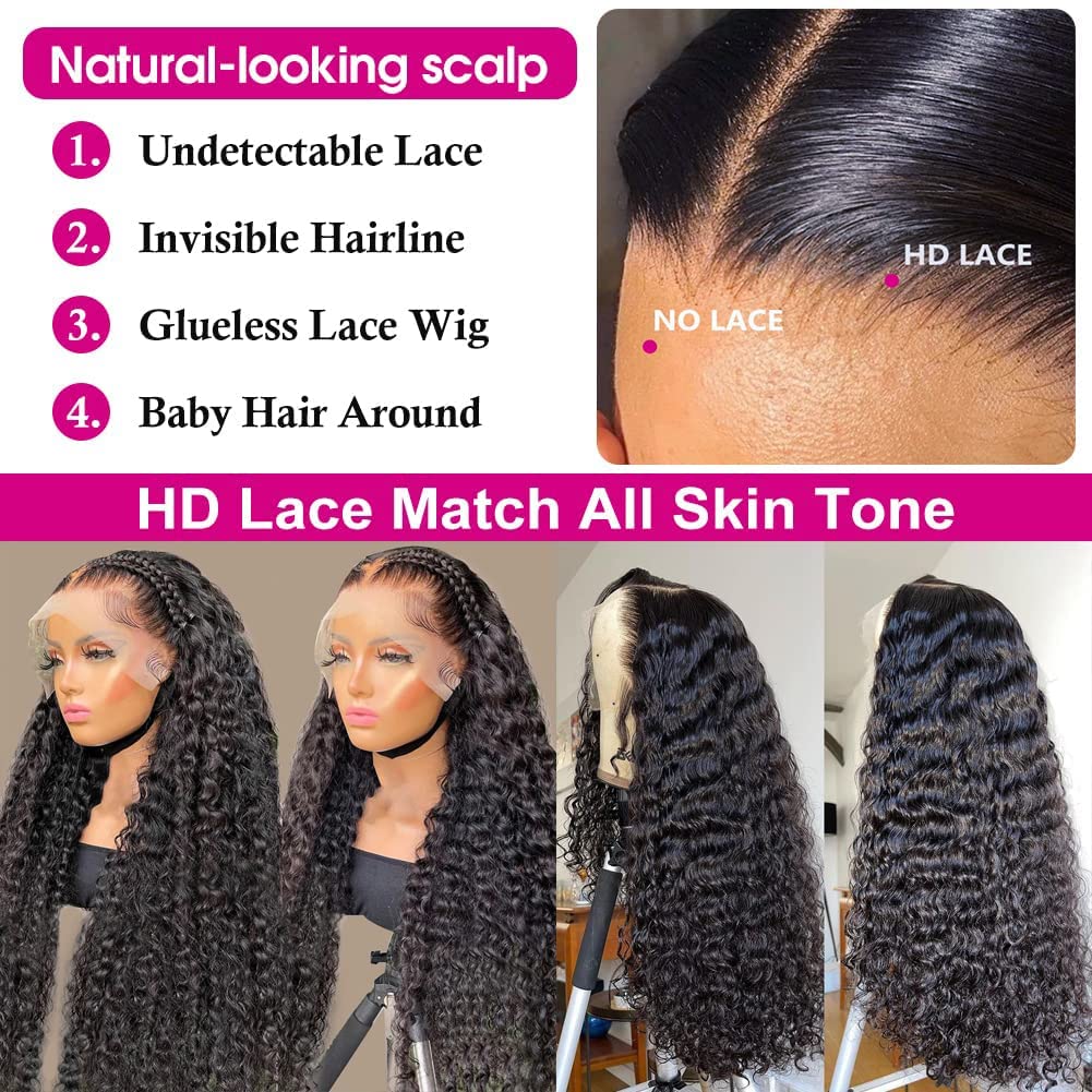 32inch Deep Wave Lace Front Wigs Human Hair Curly Wigs for Black Women Wet and Wavy HD Transparent Lace Front Wigs Human Hair Pre Plucked with Baby Hair