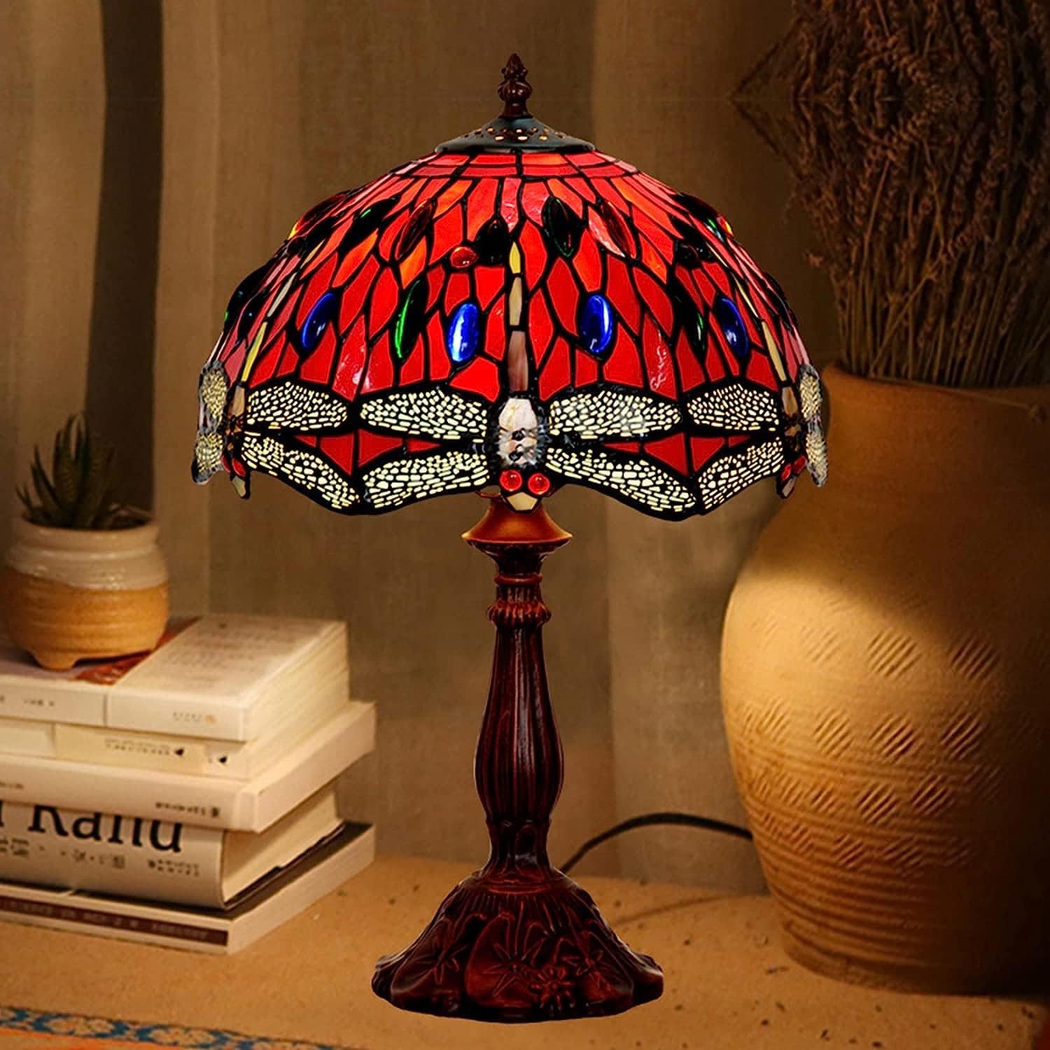 Tiffany Style Table Lamp Red Dragonfly Desk Lamp Color Glass Table Lamp for Bedroom Desk Restaurant Club House Hotel Bedside Lamp