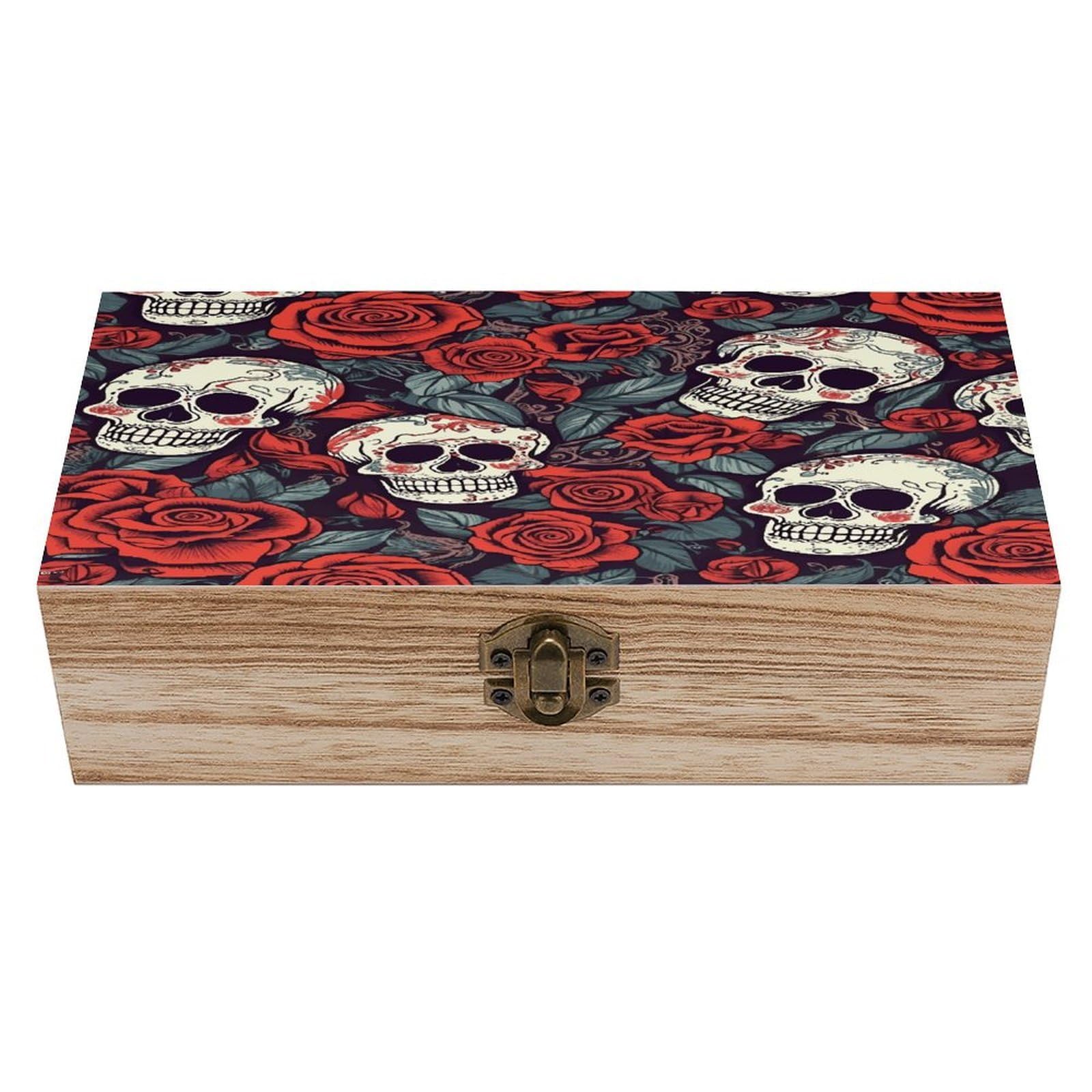 Sugar Skulls And Red Roses Wood Keepsake Box Wooden Box with Hinged Lid