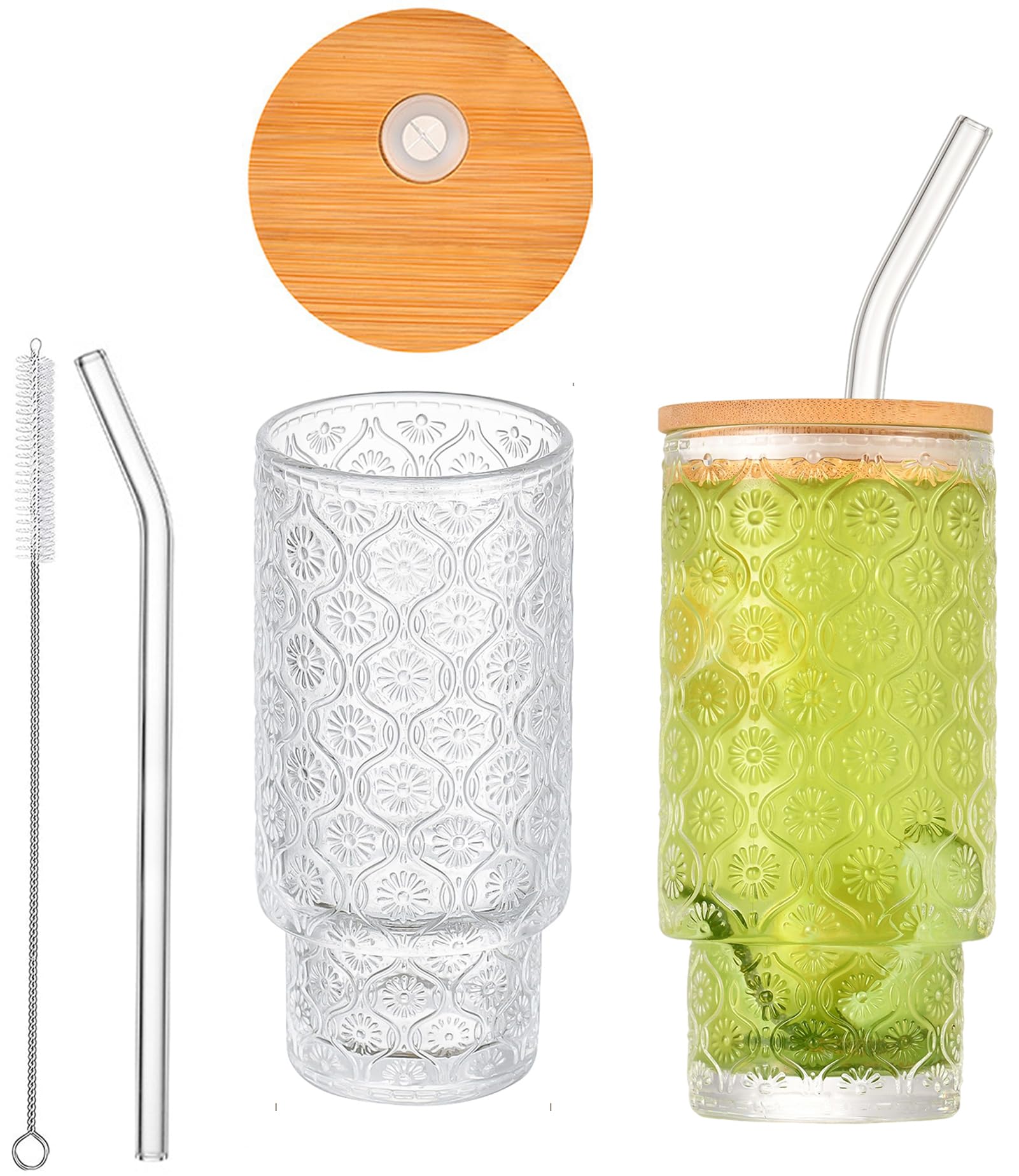 KKGUDTextured Drinking Glasses with Wood Lid and Reusable Straws, 11oz Glass Cups (Flower Pattern, with Wood Lid, Set of 2)