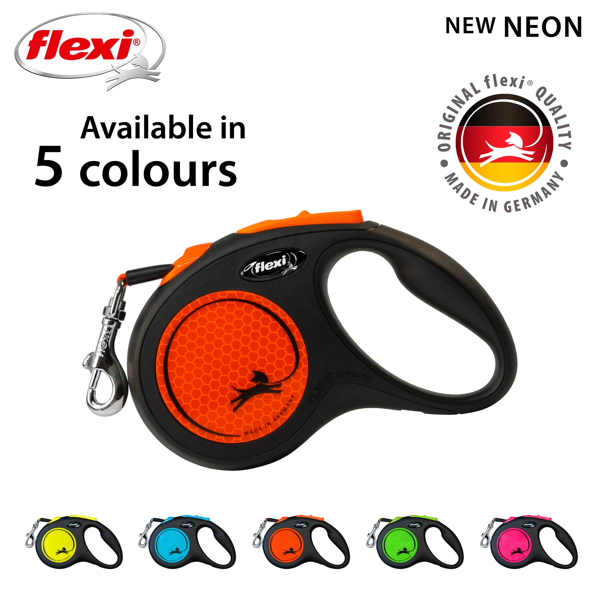 Flexi Retractable Dog Leash New Neon Tape Leash 5m/16ft, with Anti-Slip Grip Handle, Strong & Durable Lead Holds up to 15kg, for Small Dogs, Orange 3