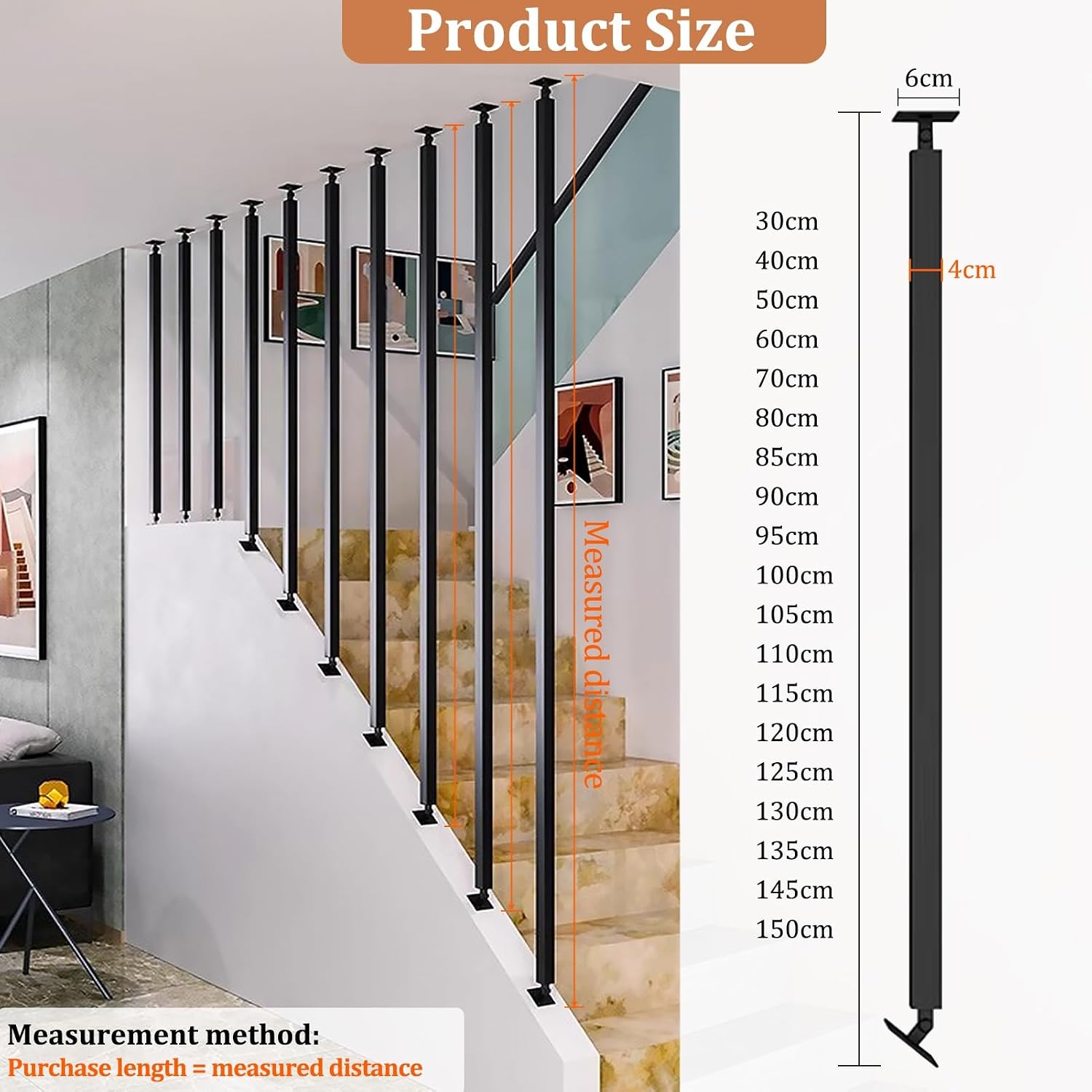 Floor to Ceiling Mounted Stair Railing Wrought Iron Baluster Post, Indoor Outdoor Staircase Handrail Banister Rail Support Kit, Non-Slip Safety Guardrail for Elderly Kids(2 FT)