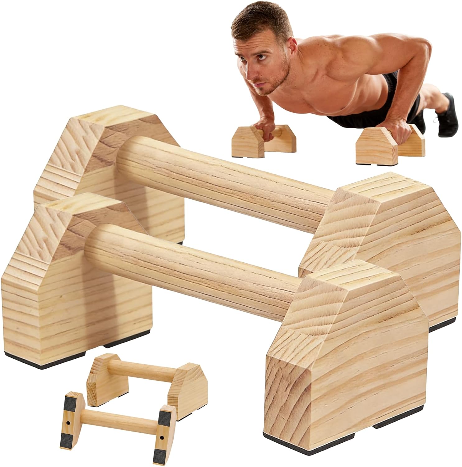 Parallettes Bars, Wood Push Up Bars Calisthenics Equipment with Non-Slip Base, Pushup Handles Fitness Blocks for Men and Women Strength Training, Support 600 lbs