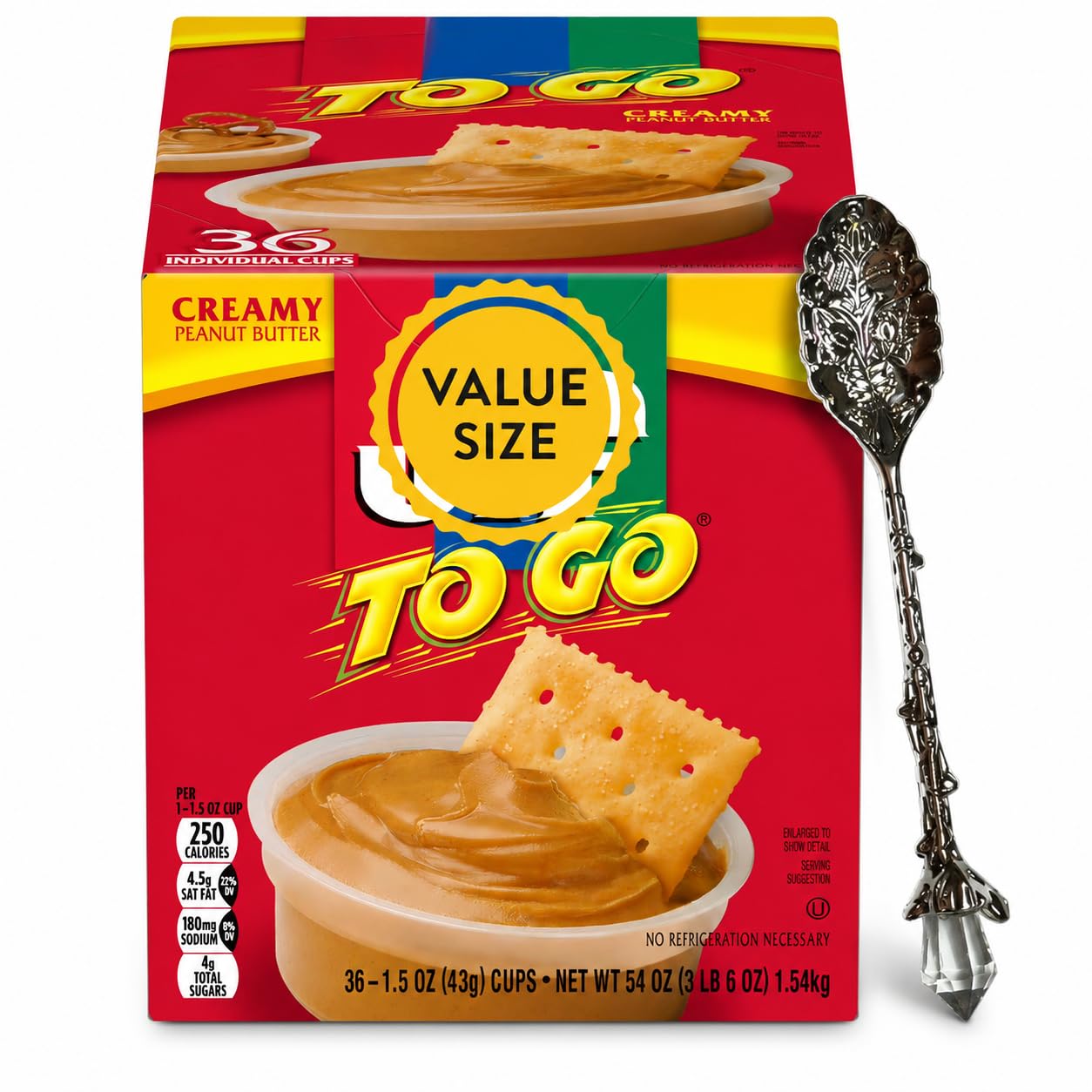 Creamy Peanut Butter To Go Cups, 36 Individual Cups Per Box, Portable Peanut Butter Snack Cups for Crackers and Lunches with Candy Freezer Gem Spoon