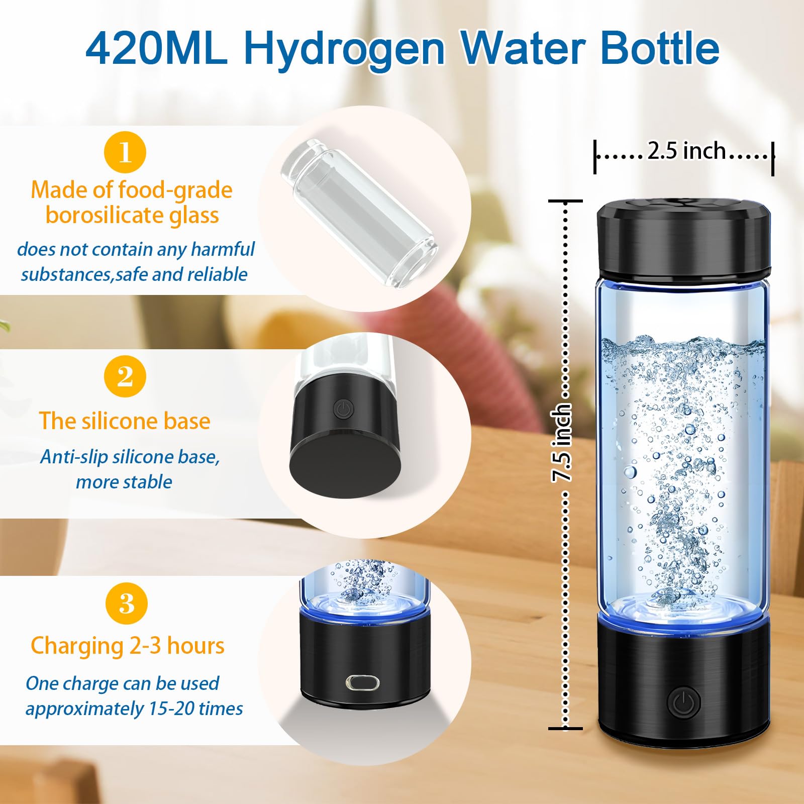 Hydrogen Water Bottle Generator, Portable Hydrogen Water ionizer, Rechargeable Hydrogen-Rich Water Bottle, Suitable for Travel, 420ml,Gift for Women Men, Gift for Friends, Birthday Gift, Black