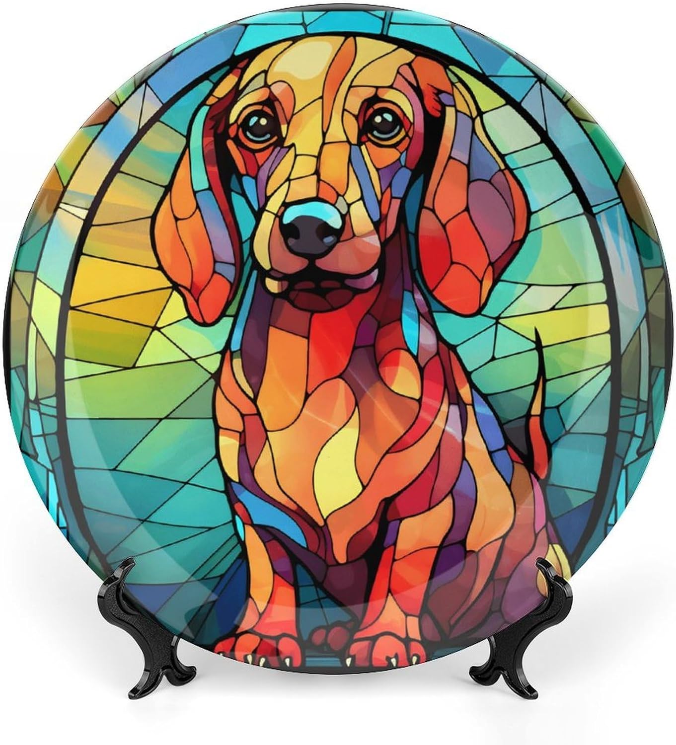 Dascshund Dog Plates Ceramic for Display Stained Glass Dascshund Design Art Decoration Wall Supplies Dinner Plates with Display Stand Holiday Party Decorations Personalized Gifts for Dog Mom Dad, 8"
