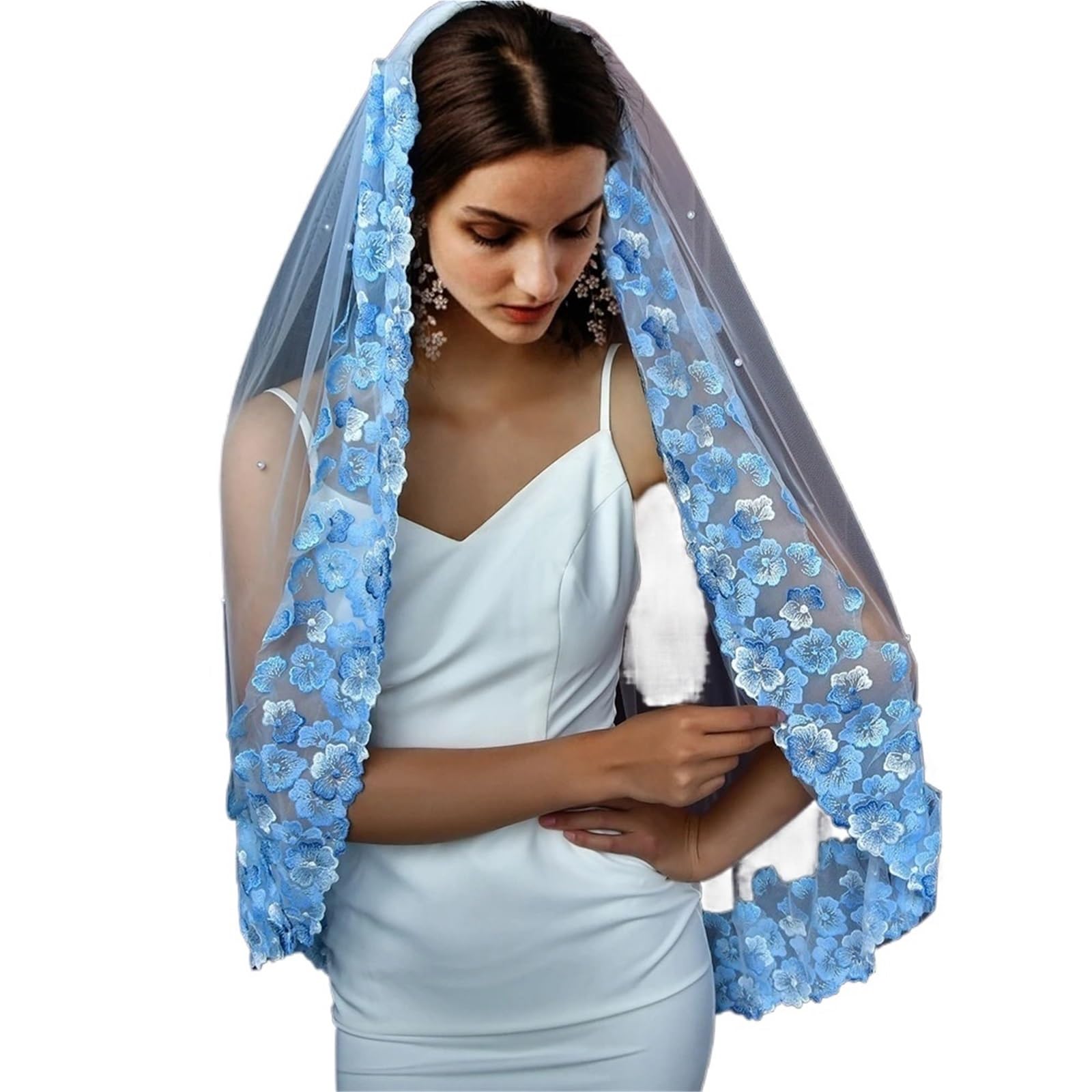 Brautschleier Braut Blumenstickerei Blaue Blume Wald Fantasy Reisefotografie Schleier Hochzeit Brautschleier