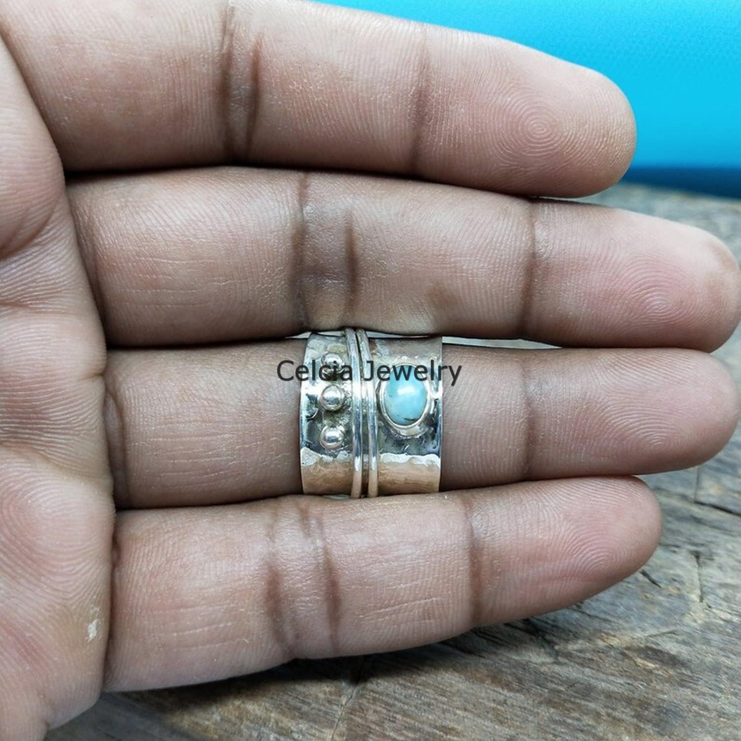 Solid 925 Sterling Silver Meditation Spinner Ring, Natural Abalone Shell Gemstone Spinning Ring, Unique Handcrafted Jewelry for Women/Men