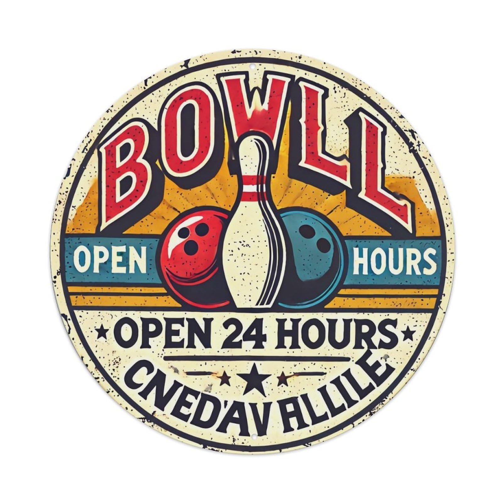 Bowling Pin And Balls Design Retro Metal Sign Round Tin Sign, Vintage Decor Art Poster for Bar, Home, Man Cave, Kitchen, Laundry Room Gift 8x8Inch