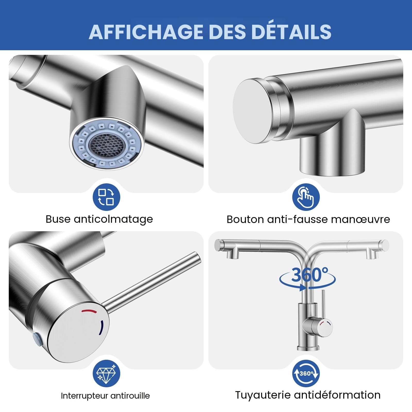 Mitigeur Robinet Cuisine - Robinetterie Evier Escamotable avec Douchette,Pivotant à 360,Deux Types de Jet d'eau,Acier Inoxydable,Forme en L Monolevier pour 1 Trou,Hauteur 27,3 cm,Nickel