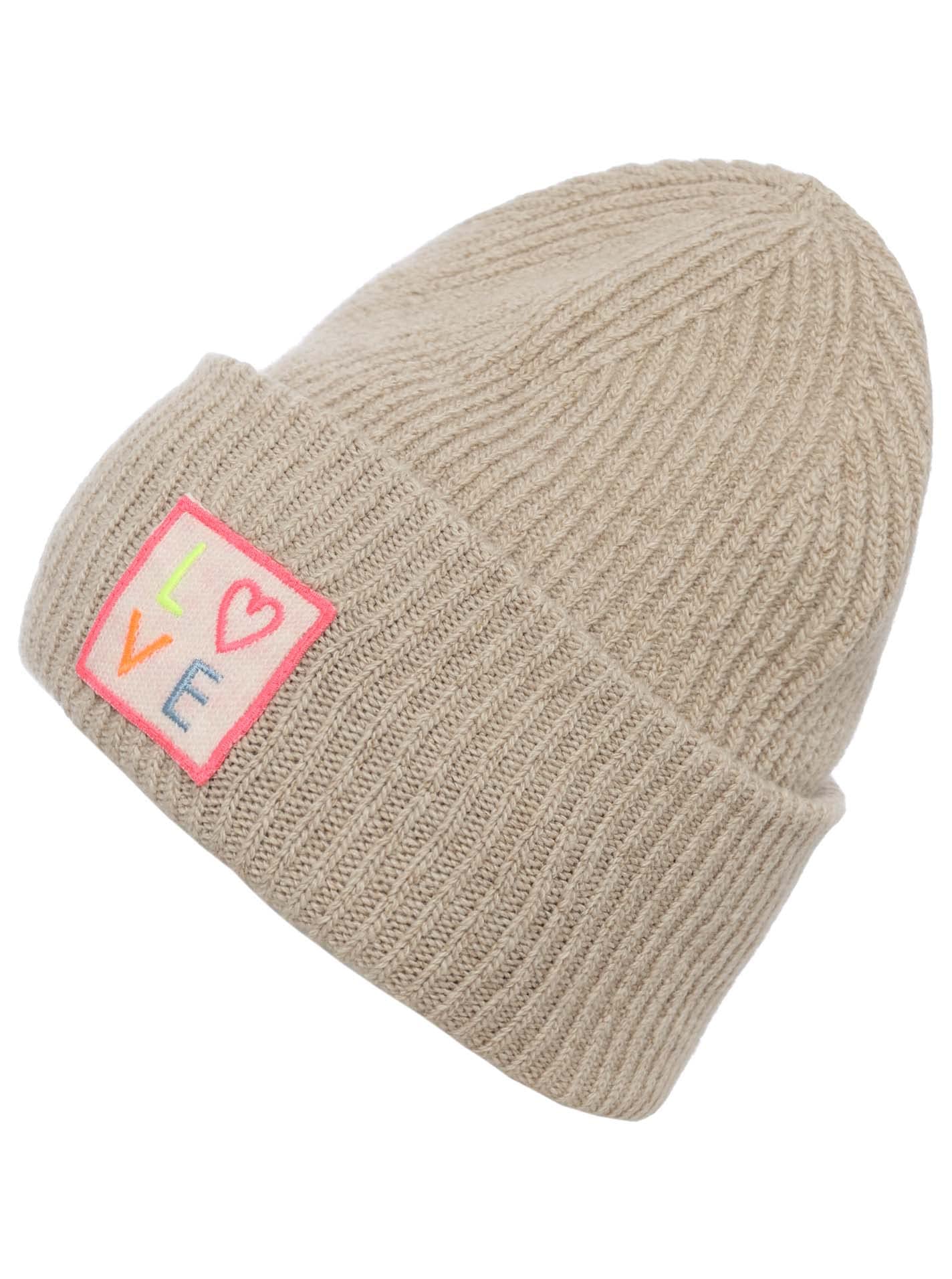 Zwillingsherz Slouch-Beanie-Mütze mit Kaschmir - Hochwertige Strickmütze mit Love Patch für Damen Mädchen Jungen - Hat - One Size - warm und weich für Frühling Herbst und Winter