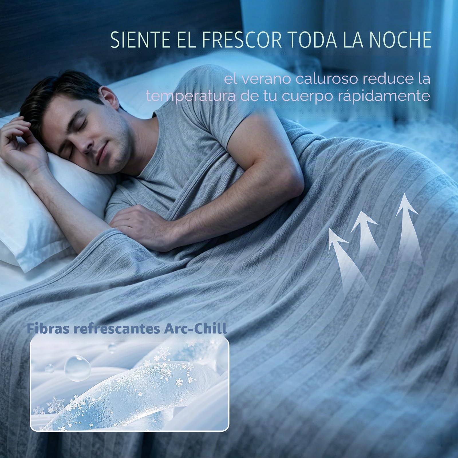 EMME Manta Refrescante de Enfriamiento, ARC-Chill Q-MAX>0.5, 152x203 cm, 2 en 1 Doble Cara - Manta Fina de Verano Ligera y Transpirable para Día, Sofá o Cama, Cubrecama Suave,Grau Gestreift