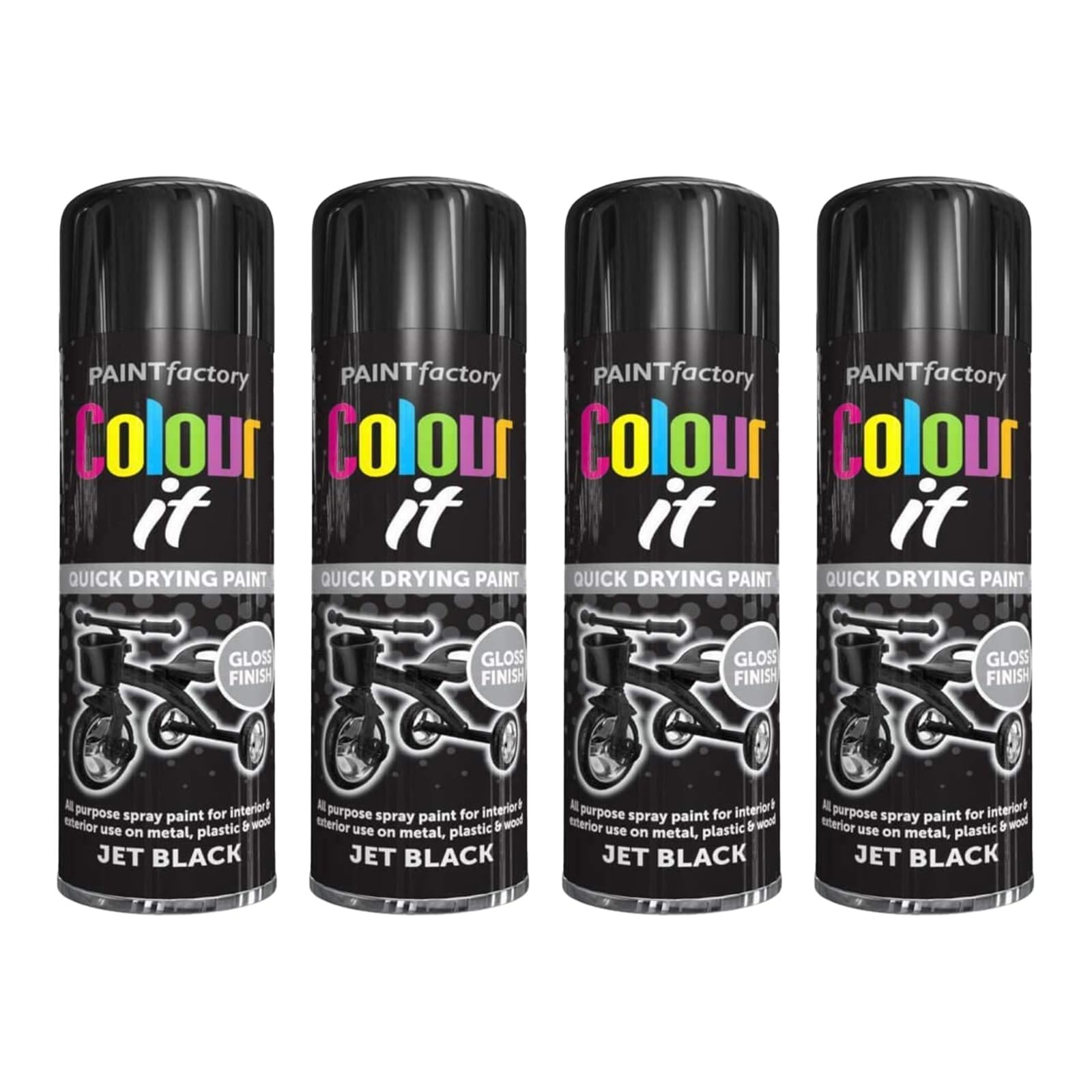 PEBBLE HUG Paint Spray Can 250ml 'Black Gloss' General Purpose, Fast Dry Excellent Coverage Adhesion, Plastic, Wood, Stone, Cardboard And Paper Gloss Finish (Pack of 4)