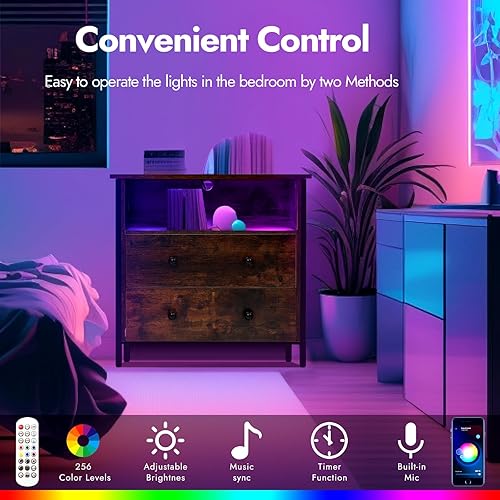 Miniatura 6 de Mesita de noche de 27 pulgadas de ancho, mesita de noche grande de madera con 2 cajones, mesita de noche LED con estación de carga y cajón