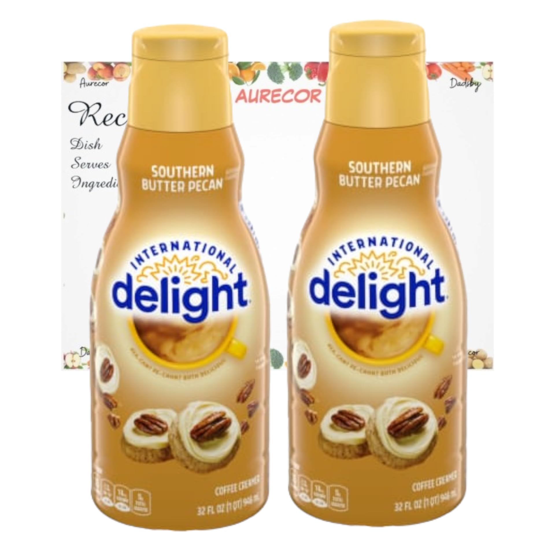 AurecorInternational Delight Coffee Creamer, Southern Butter Pecan, 2 pack 32 oz. Non-dairy Creamer bundle with Recipe Card
