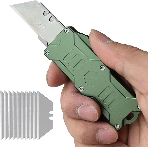 Caressolove Switch Blades Knife Push Button, Aviation Aluminum EDC Box Cutter Retractable, Utility Knife Double Action Automatic, With 10pcs SK5 Blade Assisted Opening Pocket Knife With Clip
