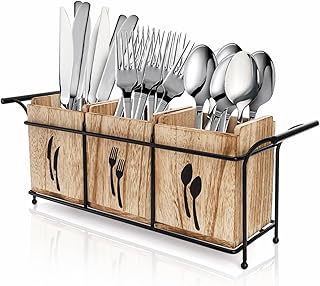 Tebery Wooden Utensil Holder for Party, Large Countertop Flatware Cutlery Caddy with Handle, 3 Detachable Compartment Silverware Cooking Organizer with Metal Tray for Fork, Spoon, Knives