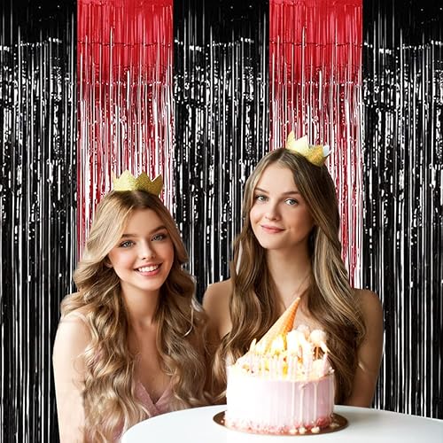 Miniatura 6 de Decoraciones de fiesta temática de casino, cortinas de flecos de aluminio negro y rojo, 2 piezas de 3.28 pies x 8.2 pies, serpentinas de puerta de