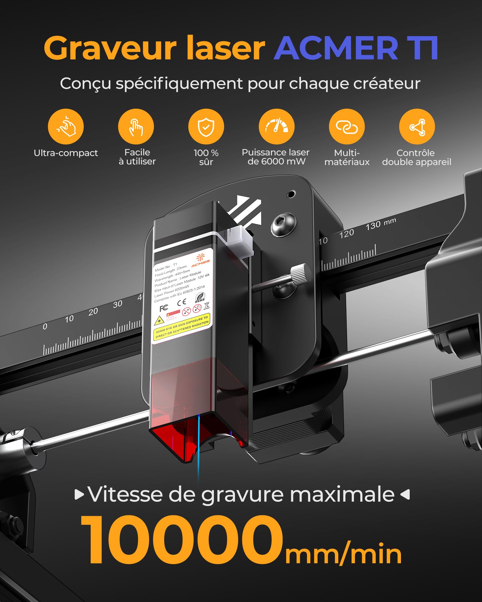 ACMER T1 6W Machine de Gravure Laser, Mini-DéCoupeuse Portable, DéCoupe Laser Haute PréCision de 0,01 Mm, Zone de Travail de 130 X 130 mm, Gravure sur Bois, Cuir, Verre, MéTal