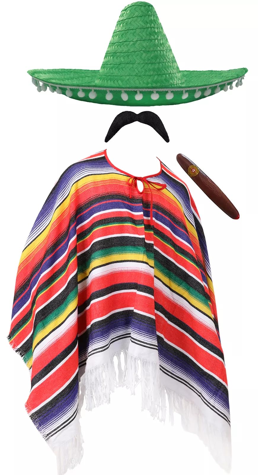 Adults Mexican Costume - Multicoloured Poncho with Tasselled Edges, Green Sombrero, Fake Cigar, Fake Moustache - Mens Ladies Mexico Cinco de Mayo Fancy Dress Costume