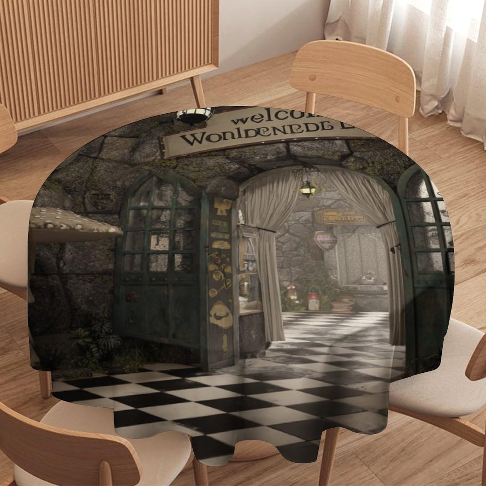 LUYYSKY Fantasy Fairy Woodland Forest Round Tablecloth Rustic Abstract Black White Floor Landscape Mushroom Print Washable Decor for Table Cover for Kitchen-177.8" Wx177.8 L cm