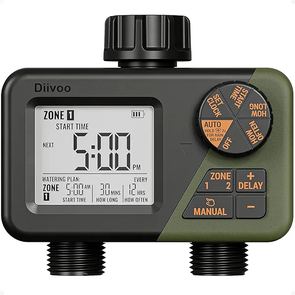 Diivoo Sprinkler Timer 2 Zone, Programmable Water Hose Timer 2 Outlet for Garden, Outdoor Automatic Irrigation System IPX5 Waterproof with Rain Delay/Manual for Lawn, Yard, Pool