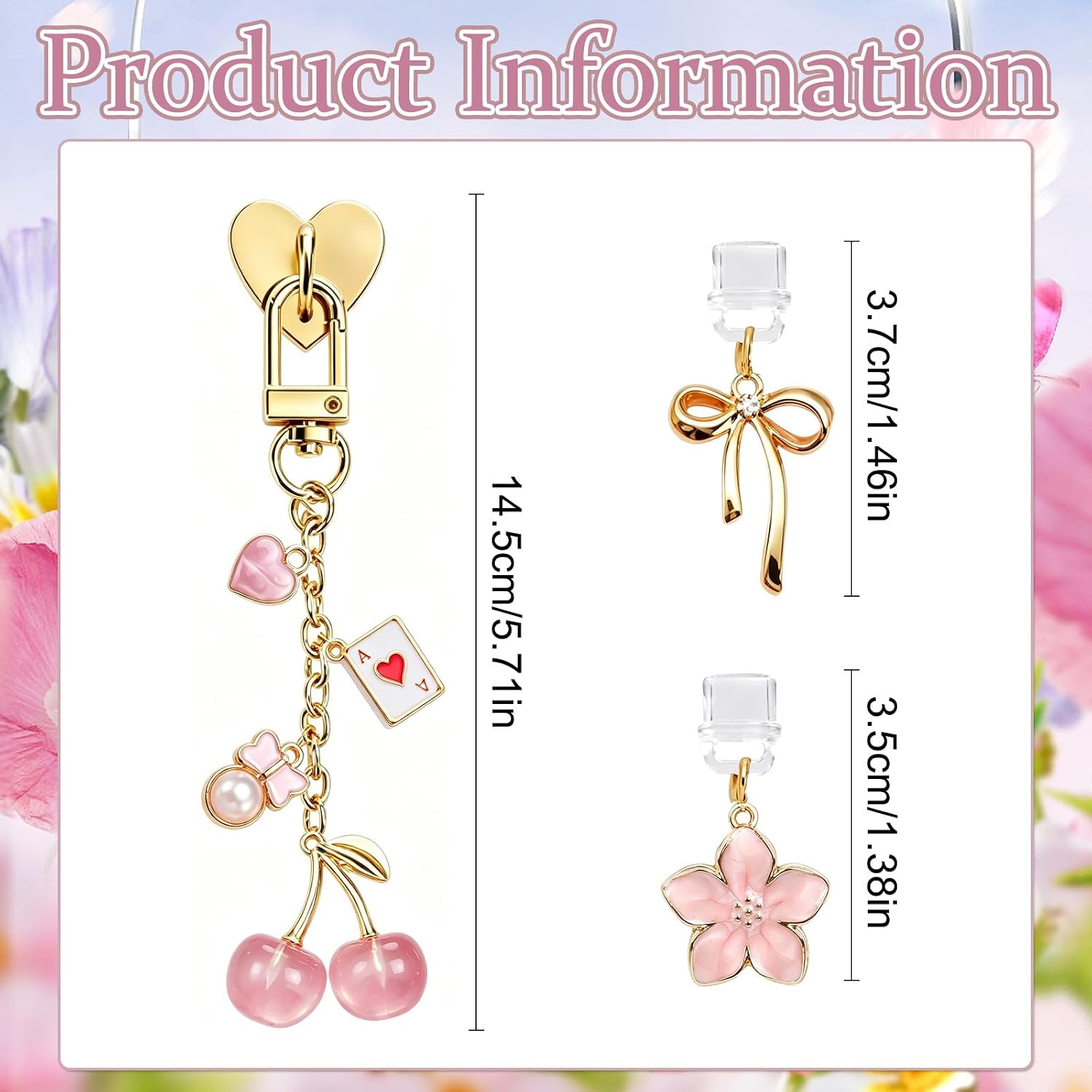 Rngmsi Charms Set Compatible with Kindle - 3 Pcs Pink Cherry Poker Dust Plug Charm Keychain Strap Charm with Hook Decorating Accessories for E-Reader Type C, Bookworm Gifts for Women Book Lovers