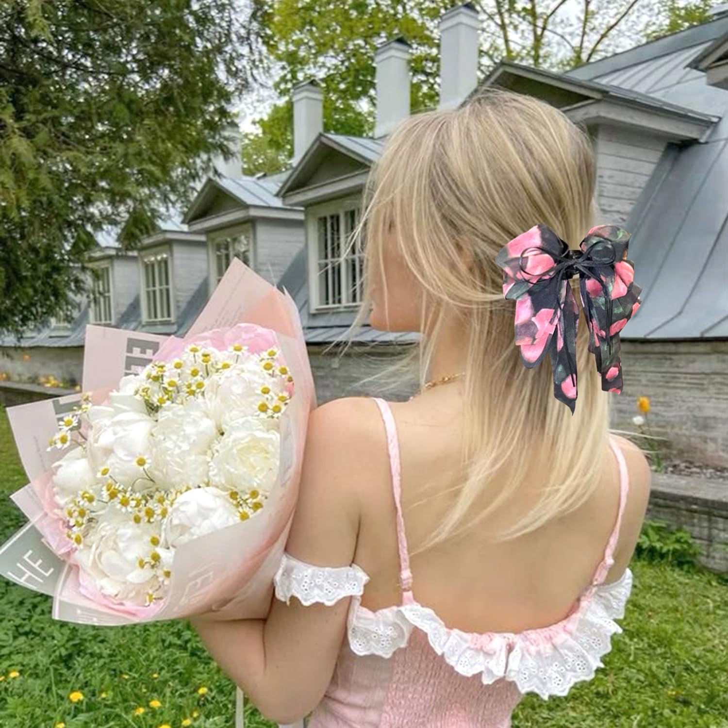 1Pc Black Rose Ponytail Clip Crushed Flower Multi-Layer Hairpins Bow Fluttering Ribbon Hair Clips Cute Floral Claws Clips French Style with Low Tail Ponytail Hair Clip for Women Hair Decor Accessories - Image 2