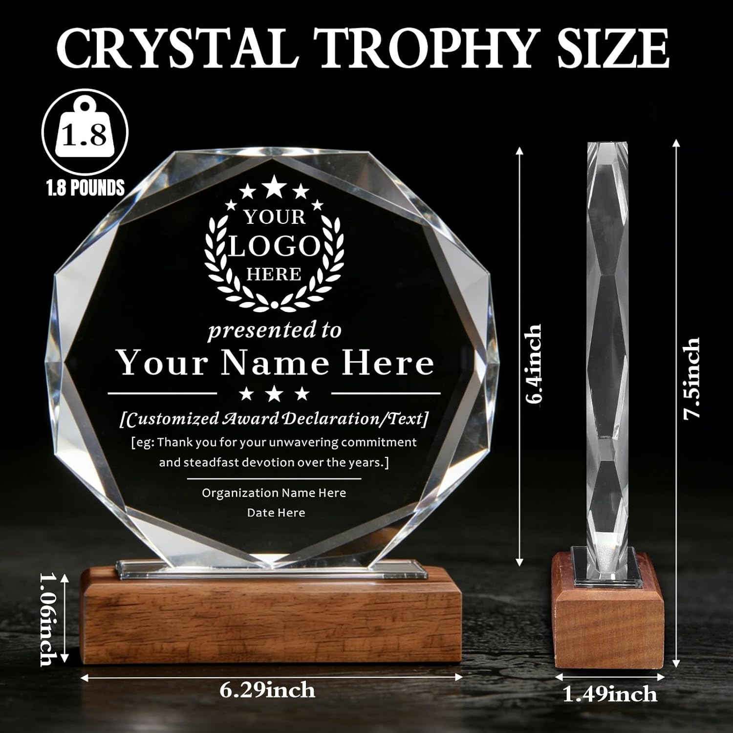SHIP NEXT DAY, Personalized Crystal Award Trophy - Custom with Company Logo Text & Employee Name, Engraved Award for Corporate Recognition, Years of Service, Leadership, Employee Appreciation (Style 01)