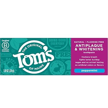 Toms of Maine, Fluoride Free Antiplaque & Whitening Toothpaste - Peppermint, 1 Ounce