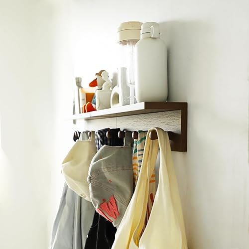 Miniatura 3 de Perchero de entrada con estante, estante flotante de madera resistente con ganchos, organizador de pared con 4 ganchos siutables para entrada,
