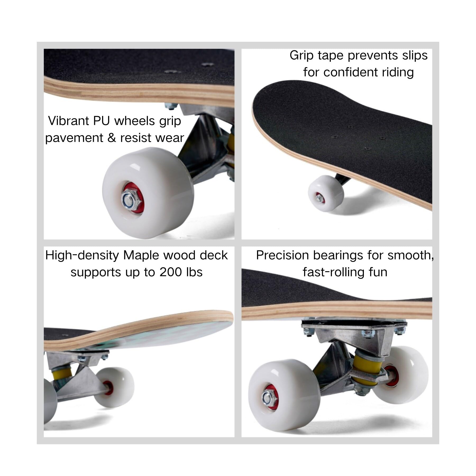 Skateboard pour débutants, skateboard standard complet de 78,7 cm, plateau concave double kick avec 7 couches en bois d'érable, roues et roulements lisses