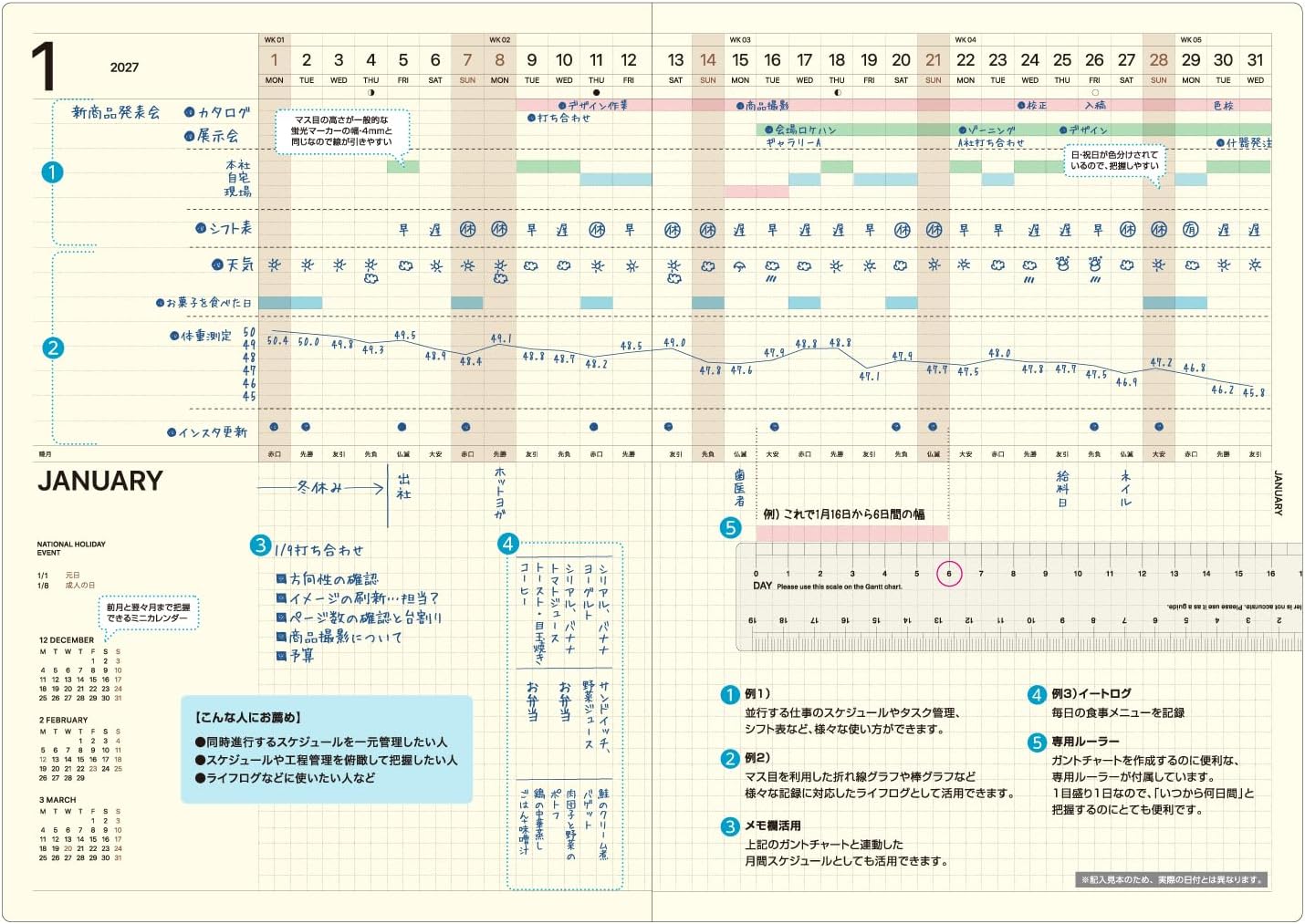 Laconic LGAM06-190 Notebook, Starts March 2026, A4 Monthly Gant Chart, Ticket Paper