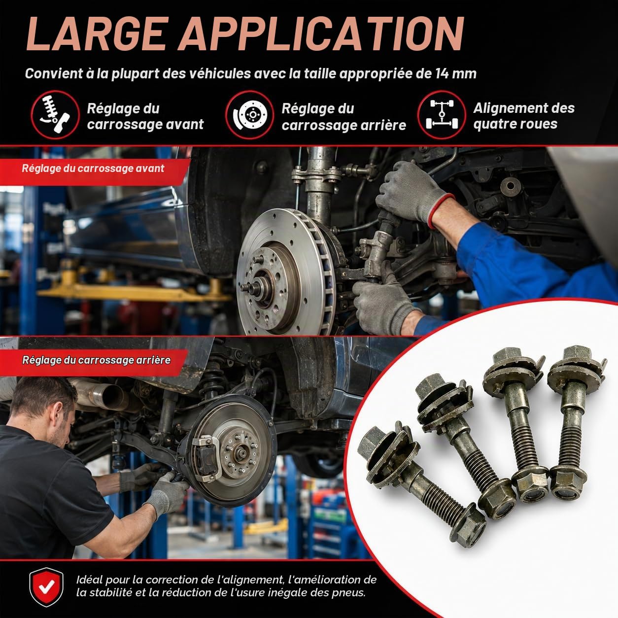 Réglable Boulon à Came, 4 PièCes 14mm Kit De Boulons De Carrossage RéGlables Vis De Boulon Excentrique Cam Bolts Camber Correction Kit pour Alignement des Quatre Roues De VéHicule