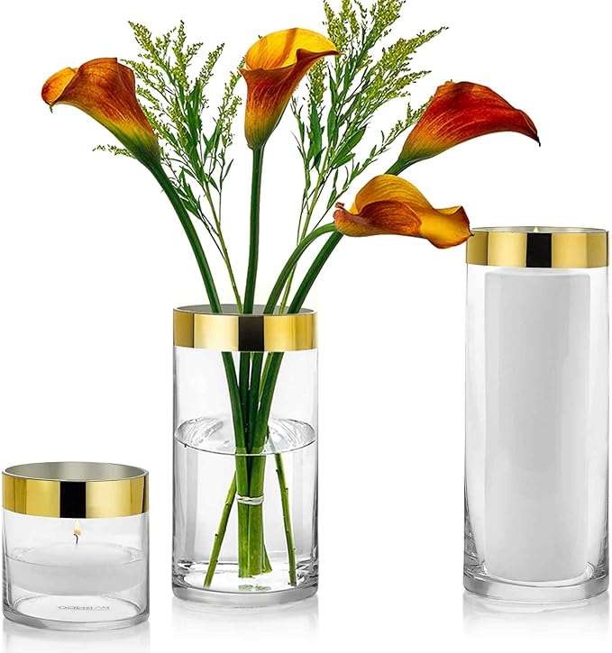 Set of 3 Glass Cylinder Vases 4, 8, 10 Inch Tall with 1 Inch Gold Rim Multiuse