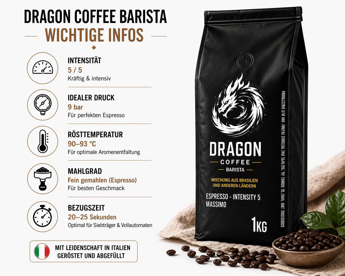 Dragon Coffee Massimo Espresso – Espresso Bohnen 2x1 kg | 70% Robusta / 30% Arabica | Ganze Bohnen | Mittlere italienische Röstung | Kräftiger Espresso mit dichter Crema