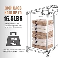 Vista 3 de Clasificador de ropa sucia, cesta de lavandería rodante, 4 bolsas con ruedas, 4 bolsas extraíbles para almacenamiento de ropa, color negro ligero