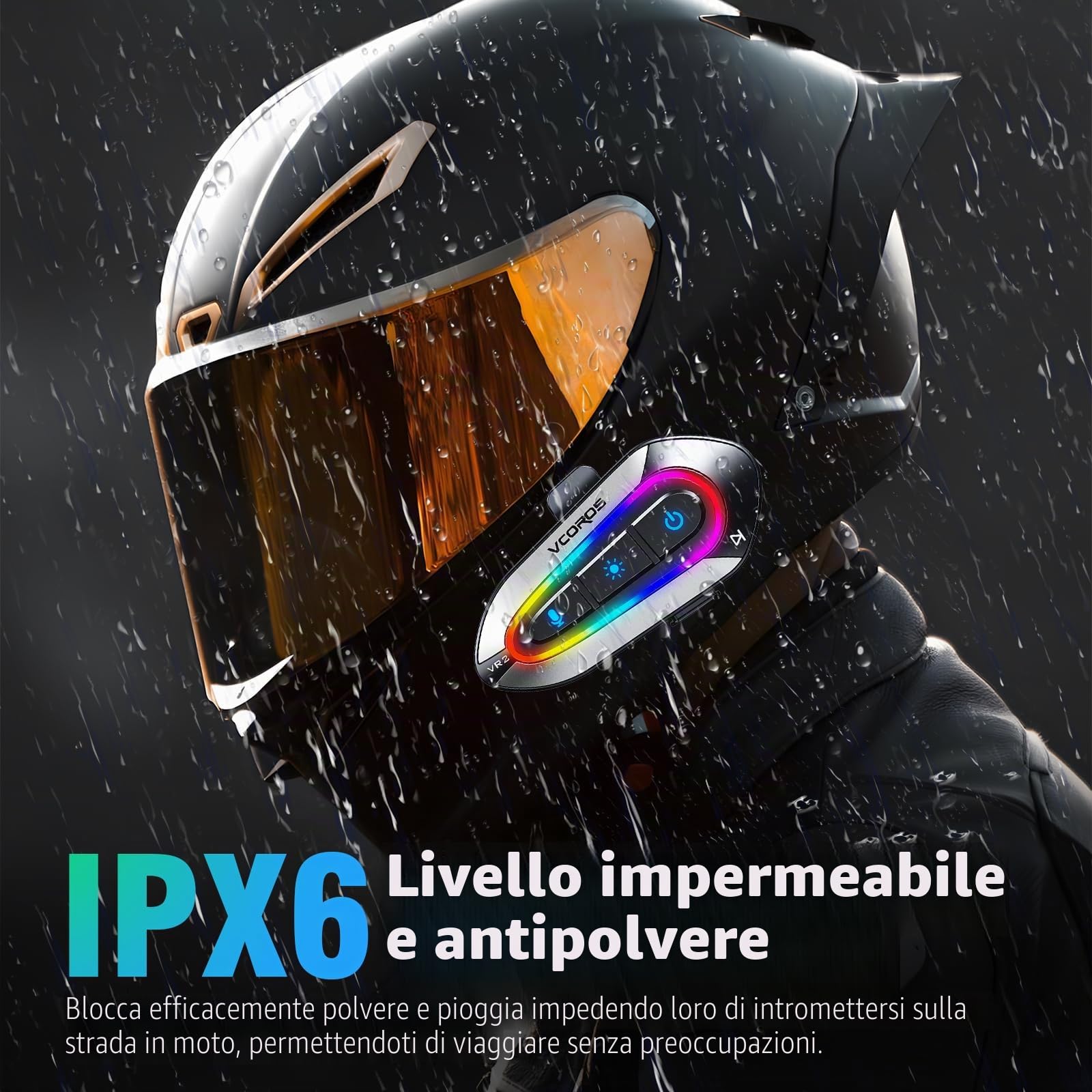 Casco Moto Auricolare,VR2 Casco Moto Bluetooth Auricolare per Singola, IPX6 Impermeabile,Modalità luce RGB,5.3 Cuffie Bluetooth per Moto,Auricolari Moto per Vivavoce AI Voice Control,Controllo Musica