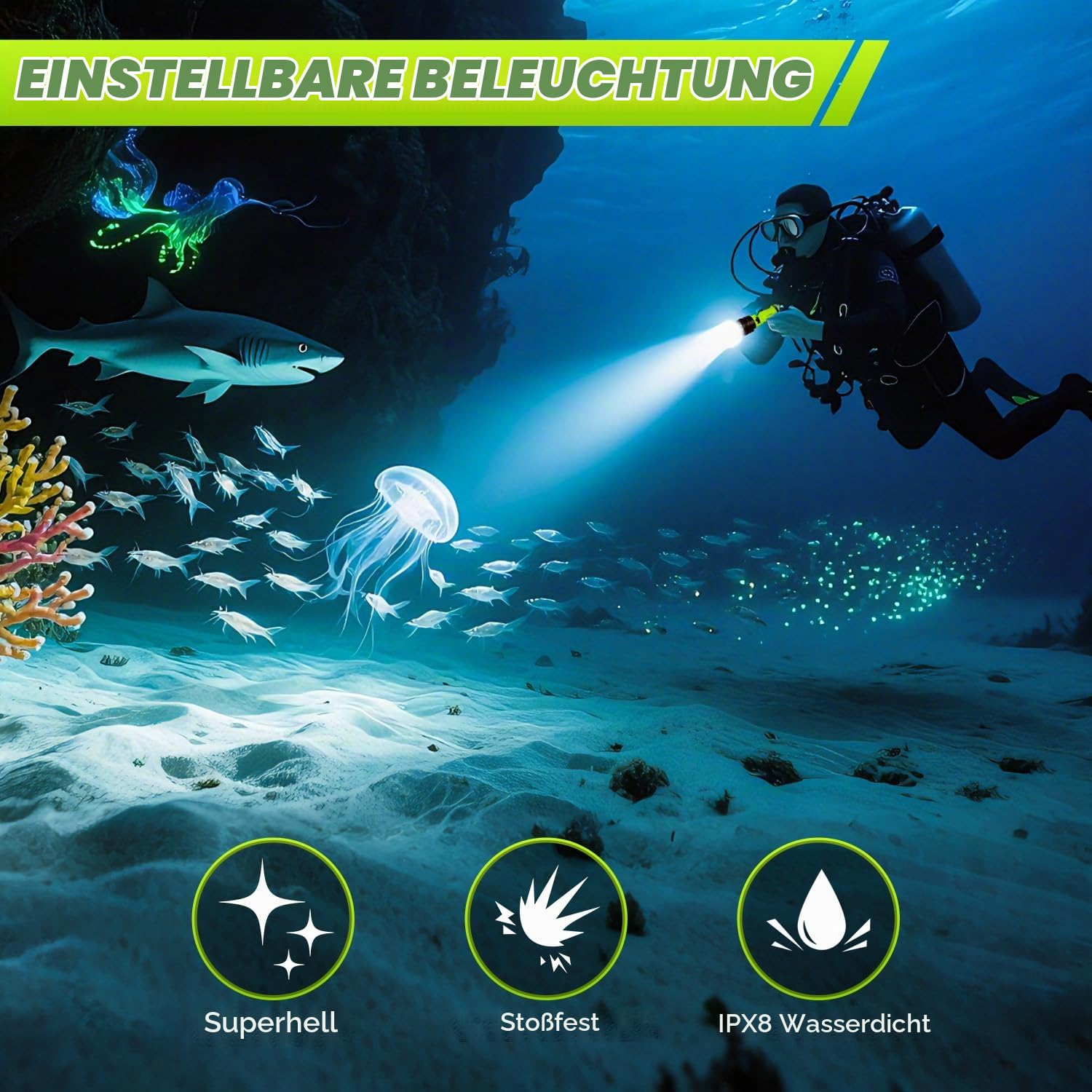 Tauchlampe 2 Stück, IPX8 Wasserdicht Wiederaufladbar Unterwasser Taucherlampe mit 3 Modi, 1500 Lumen Tauchen Taschenlampe Taucherleuchte LED zum Tauchen, Schnorcheln, Angeln