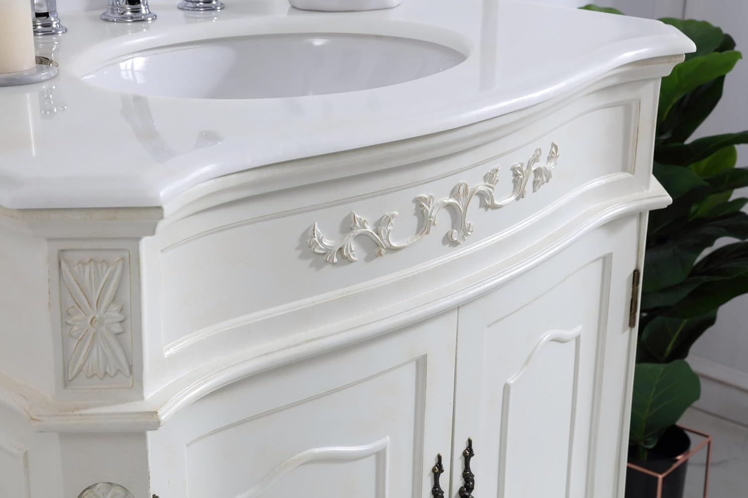 32 Single Bathroom Vanity, with Engineered Marble Top Soft-Close, Antique White